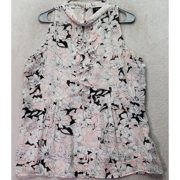 Laundry by Shelli Segal Blouse Women Sz 10 Pink Floral Sheer Keyhole Ruffle Trim - Picture 1 of 6